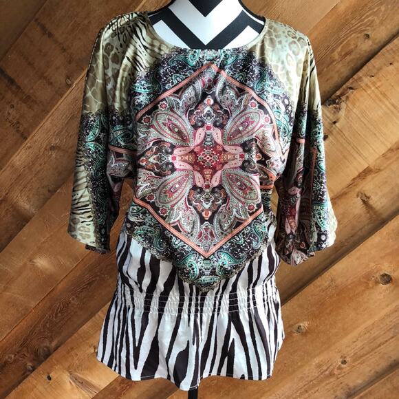 Chico's Animal Print Elastic Waist Blouse Size Medium - Picture 1 of 8